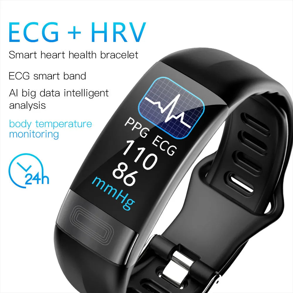 Black smart health bracelet with touch screen displaying heart rate and ECG graph on a wrist.