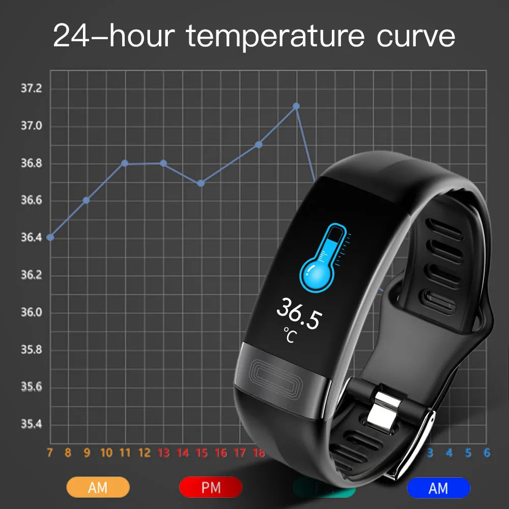 Black smart health bracelet with touch screen displaying heart rate and ECG graph on a wrist.