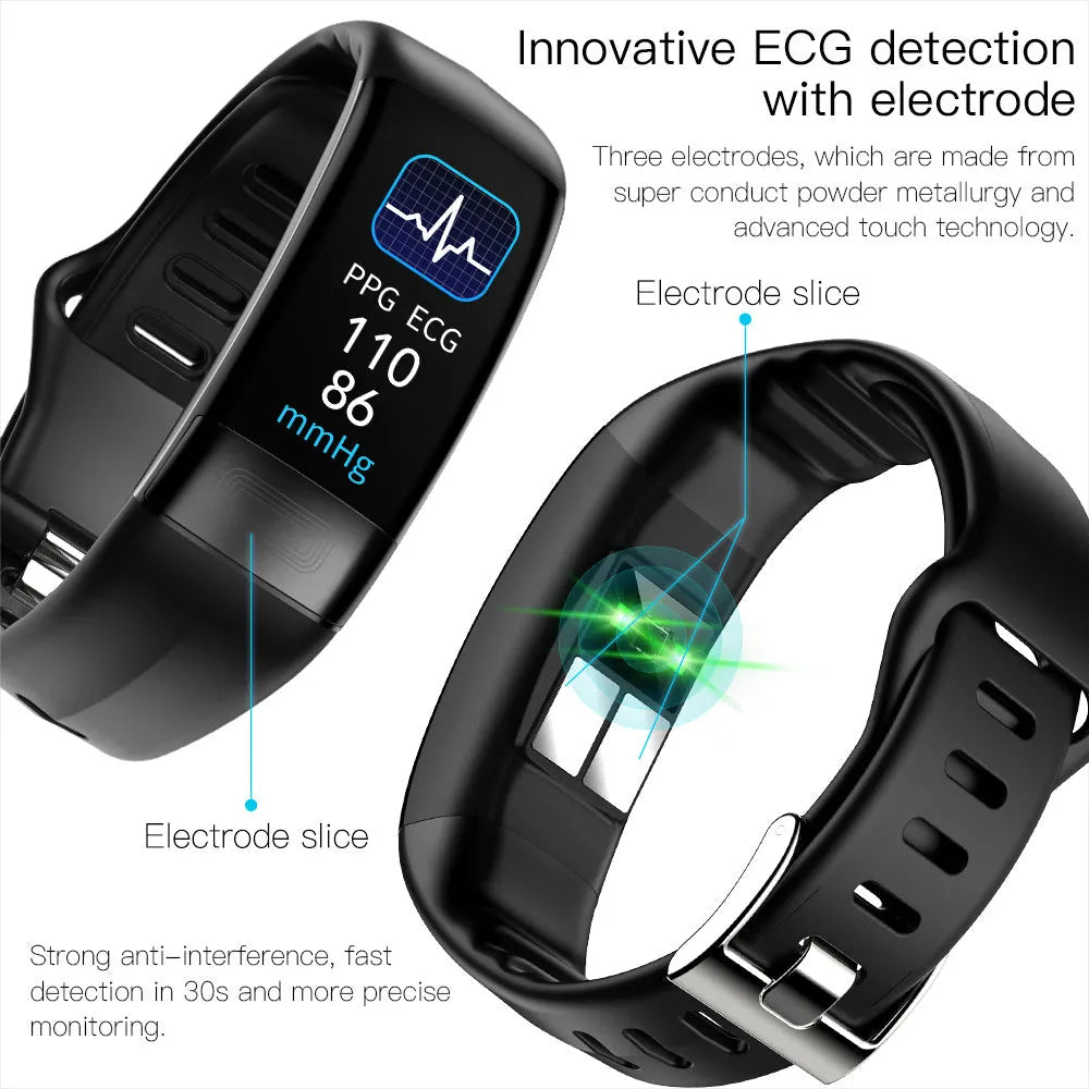 Black smart health bracelet with touch screen displaying heart rate and ECG graph on a wrist.