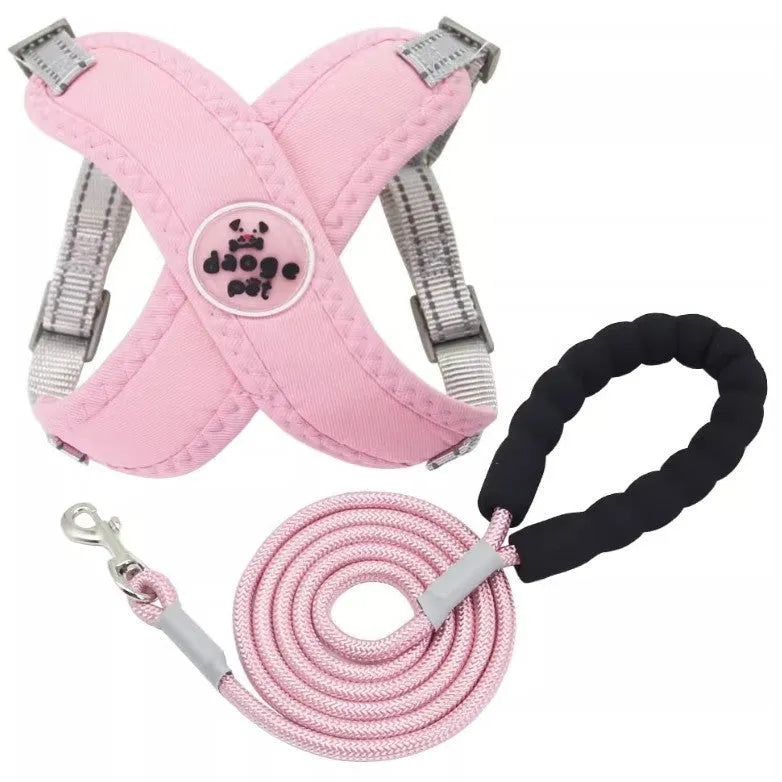 Adjustable polyester dog vest and hand holding rope set in blue, green, pink or yellow colours