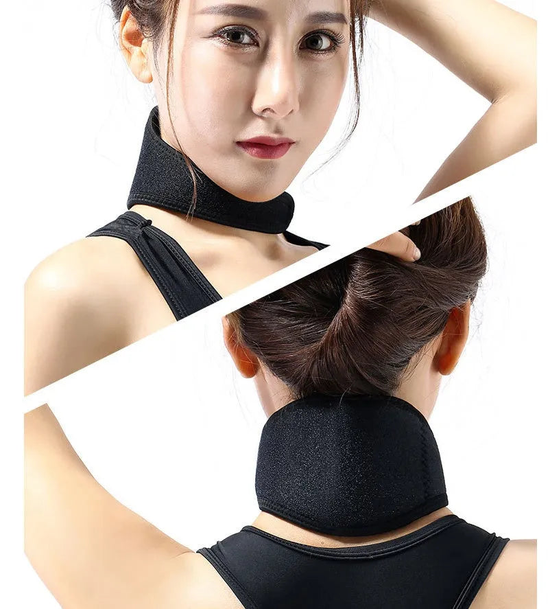 Black self-heating magnetic therapy neck guard with adjustable shoulder strap laid flat.