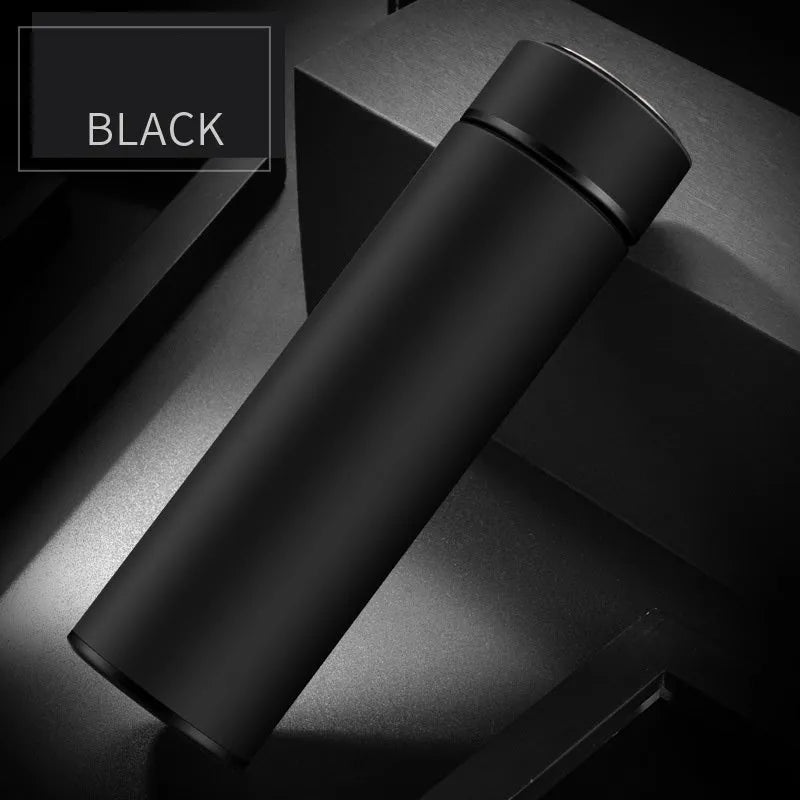 Black stainless steel water bottle with double wall vacuum insulation and arrow mouth, 450ml capacity.
