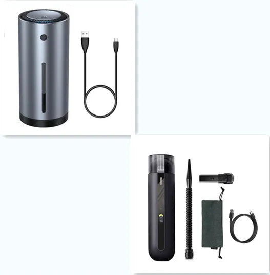 Wireless handheld car vacuum cleaner in black, white, or green with blowing hose attachment.
