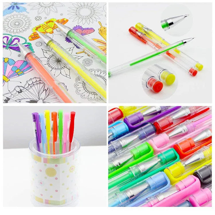 100-piece colour gel pen set with watercolour and highlighter functions showing dual tip sizes