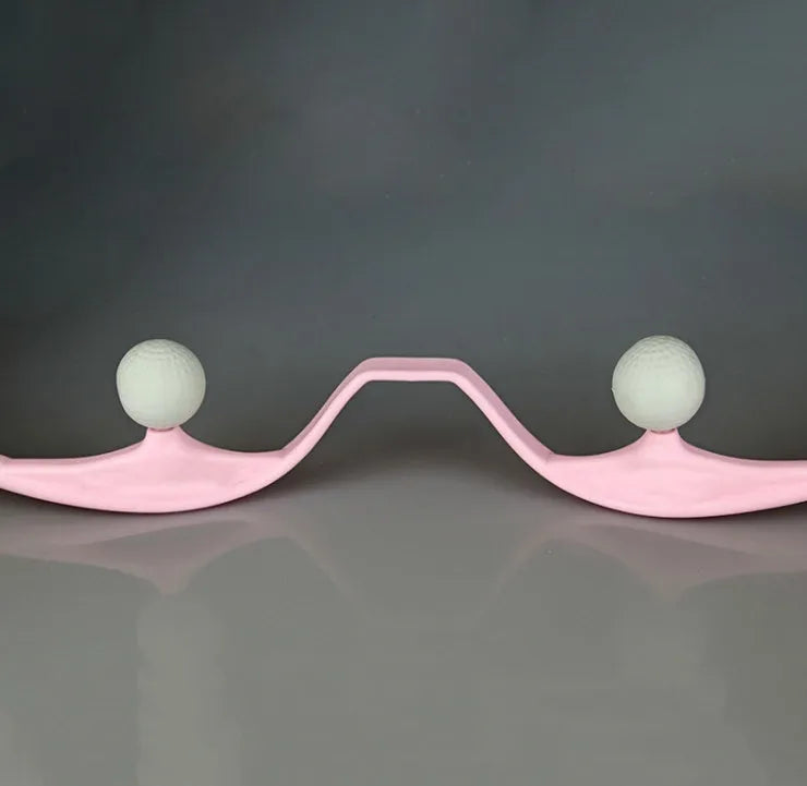 Blue plastic handheld neck and shoulder massager with adjustable stand and removable soft head on a white background.