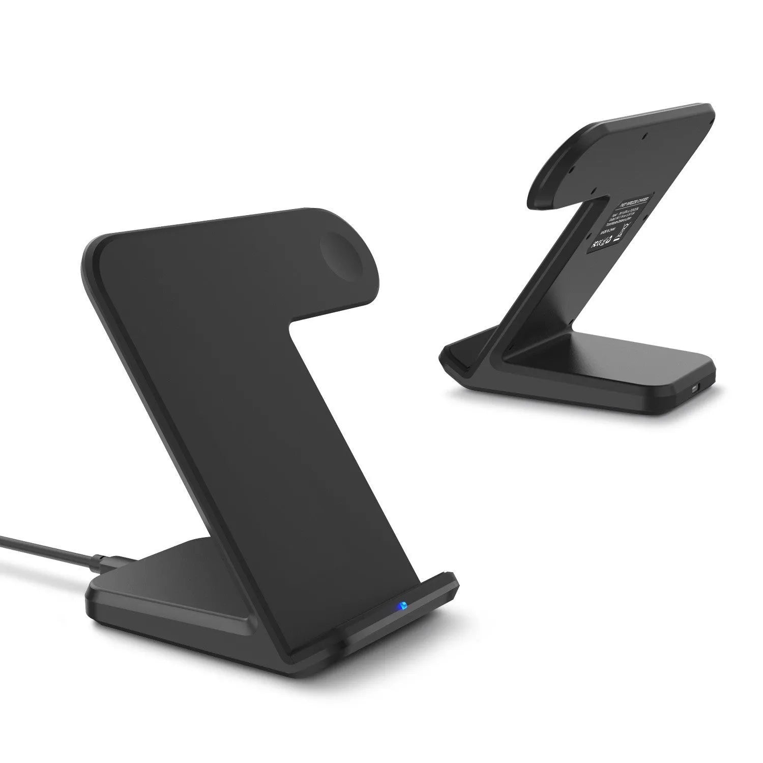 Black and white wireless charging pad for mobile phones with 140mm dimensions and Type-C cable