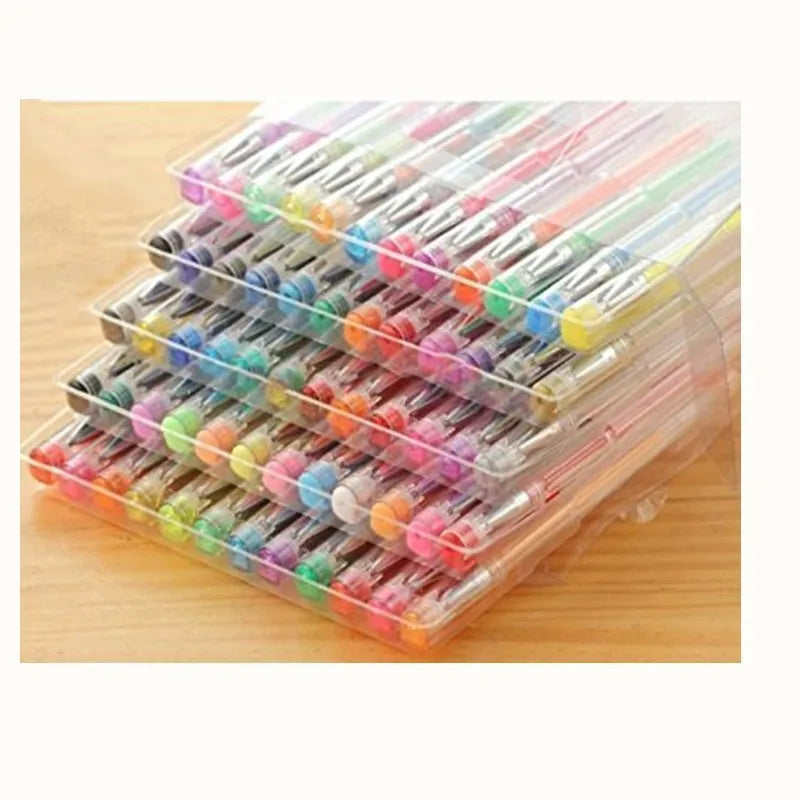 100-piece colour gel pen set with watercolour and highlighter functions showing dual tip sizes