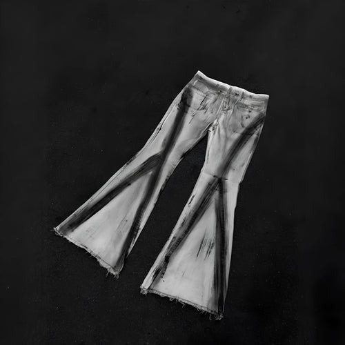 White denim jeans with a black ribbon gradient detail, showing a mid-waist fit and zip fly.