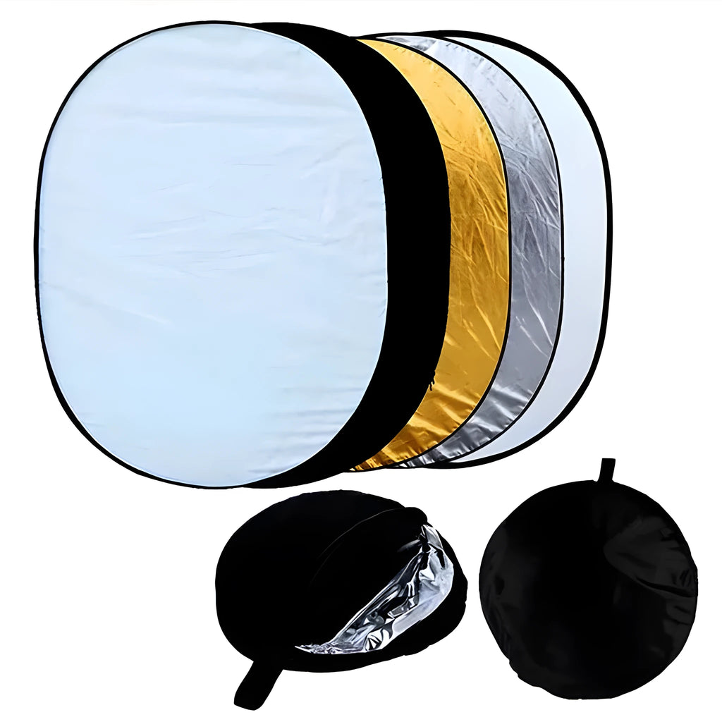 5-in-1 collapsible photography reflector showing gold, silver, white, black, and translucent surfaces folded beside carry bag