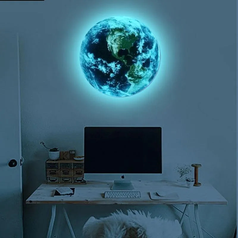 Glow in the dark 3D Earth wall sticker showing luminous planet decoration on wall