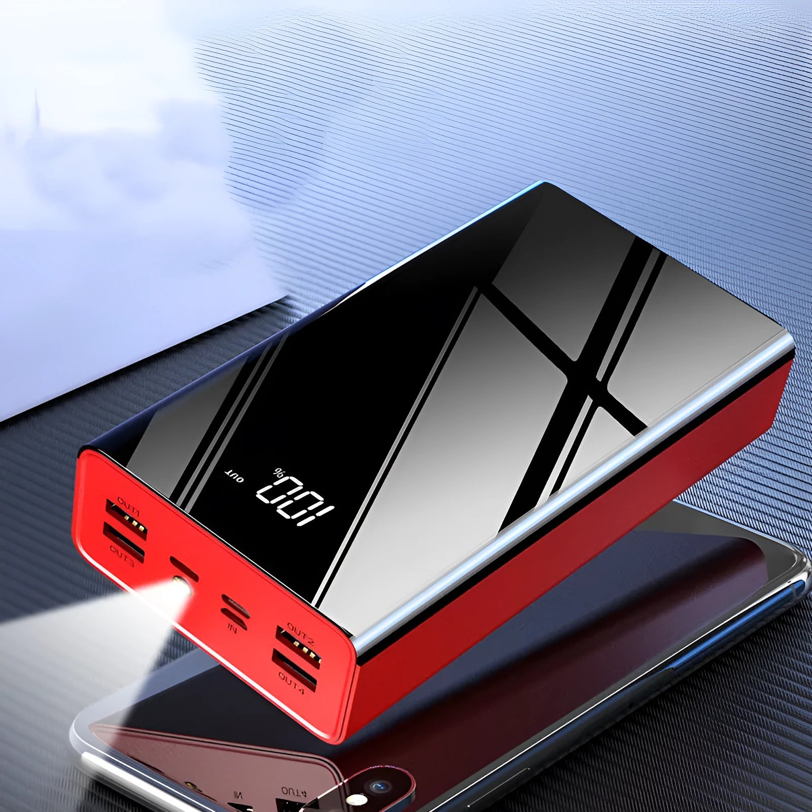 Black and red 40000 mAh power bank showing LCD display screen on front