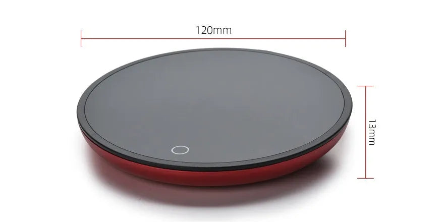 Black coffee cup warmer with 12 cm tempered glass heating surface and ABS plastic base