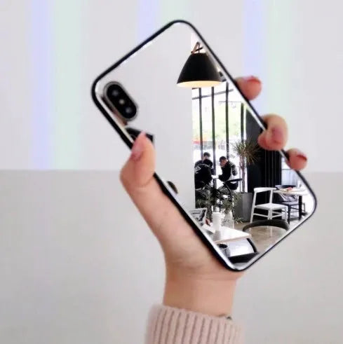 Black iPhone mirror phone case with glass back panel compatible with iPhone X, 7 and 8 Plus models