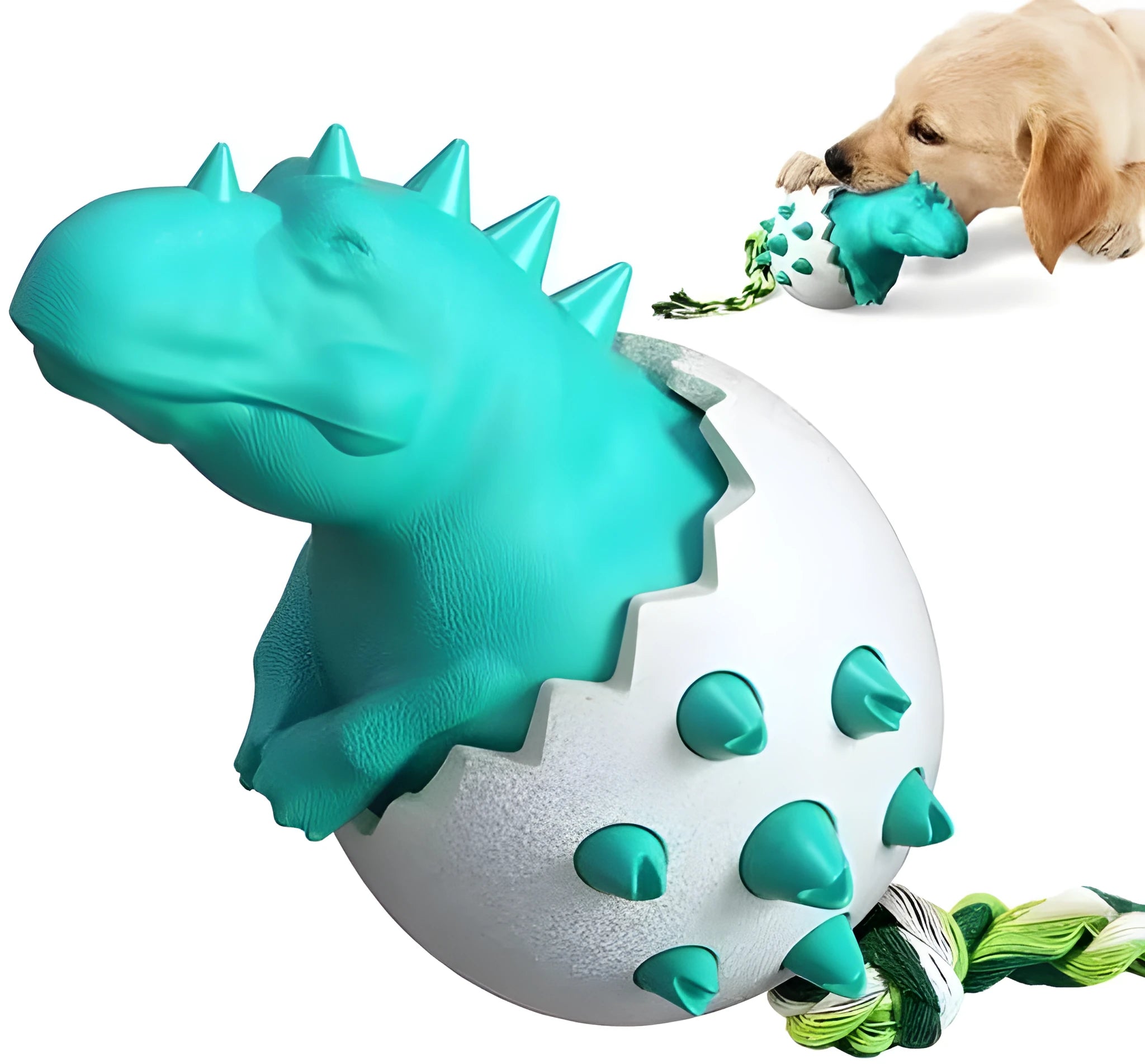 Blue durable dinosaur-shaped dog chew toy with an integrated rope and textured surface for dental care.