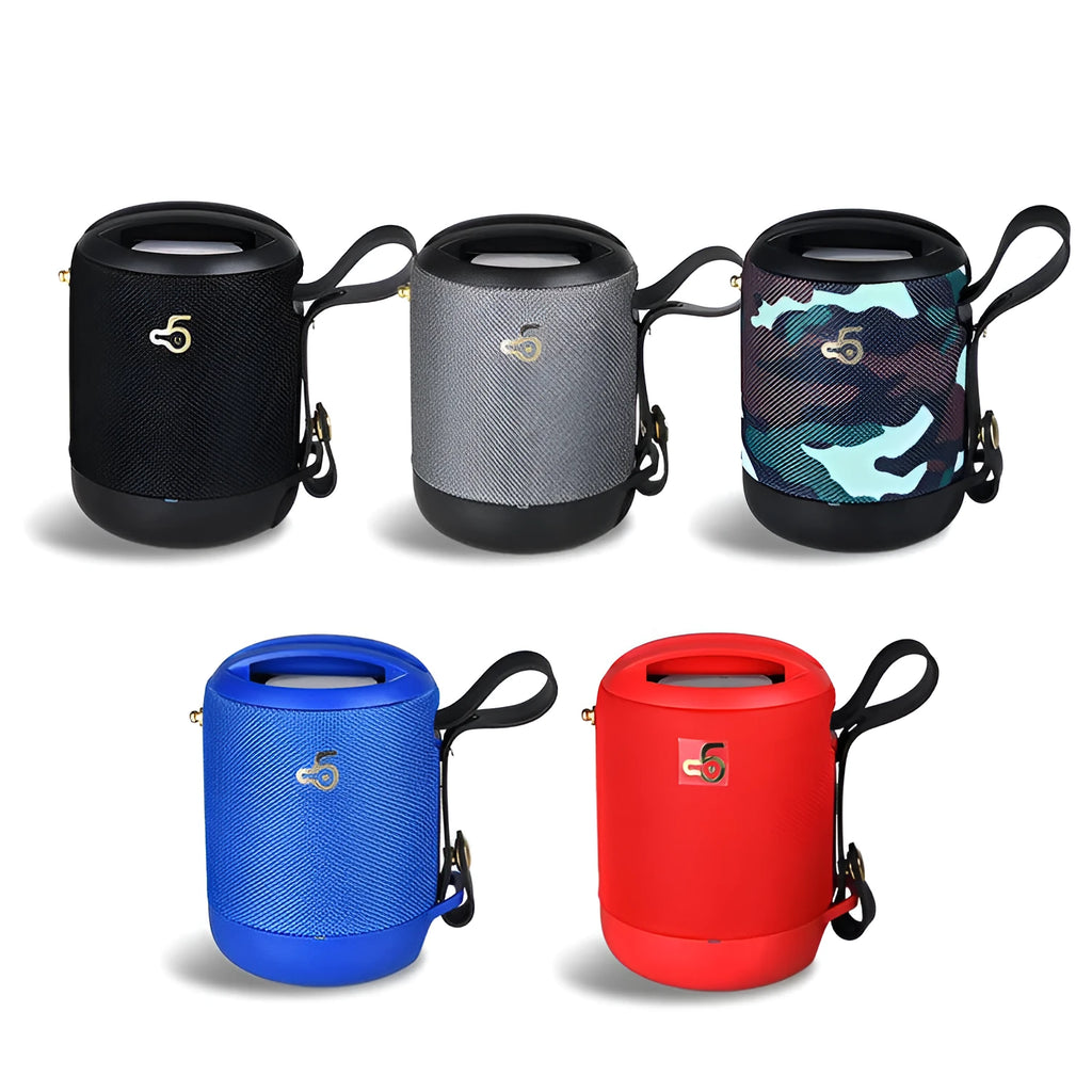 Small waterproof portable Bluetooth speaker in multiple colours with a carry strap.