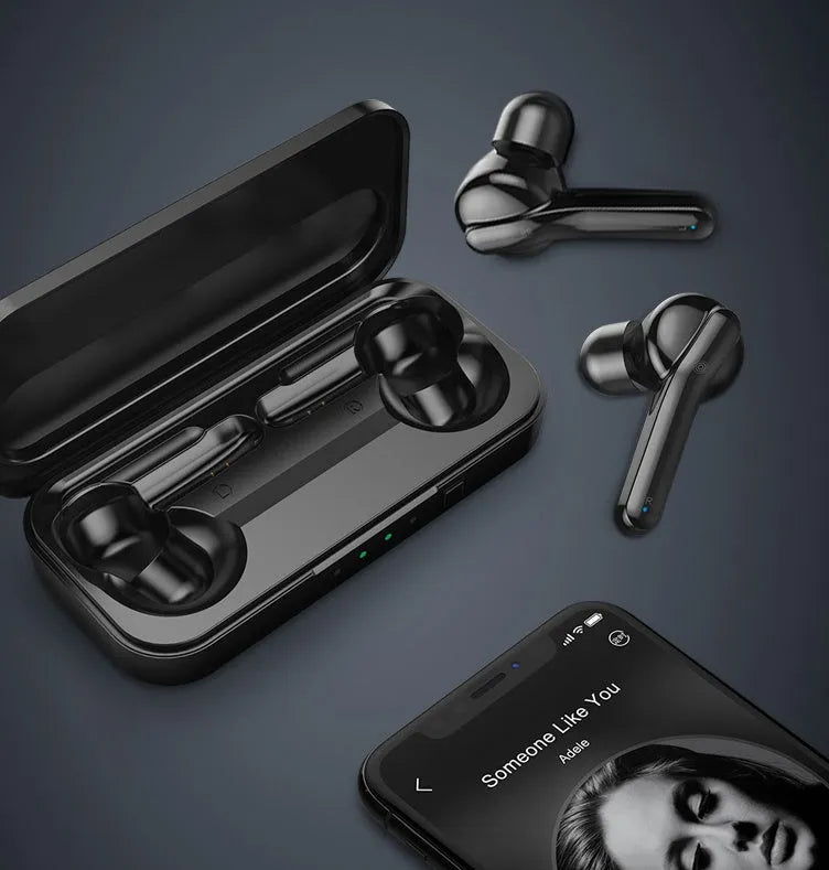 Black true wireless Bluetooth earbuds with in-ear design and IPX5 waterproof rating.