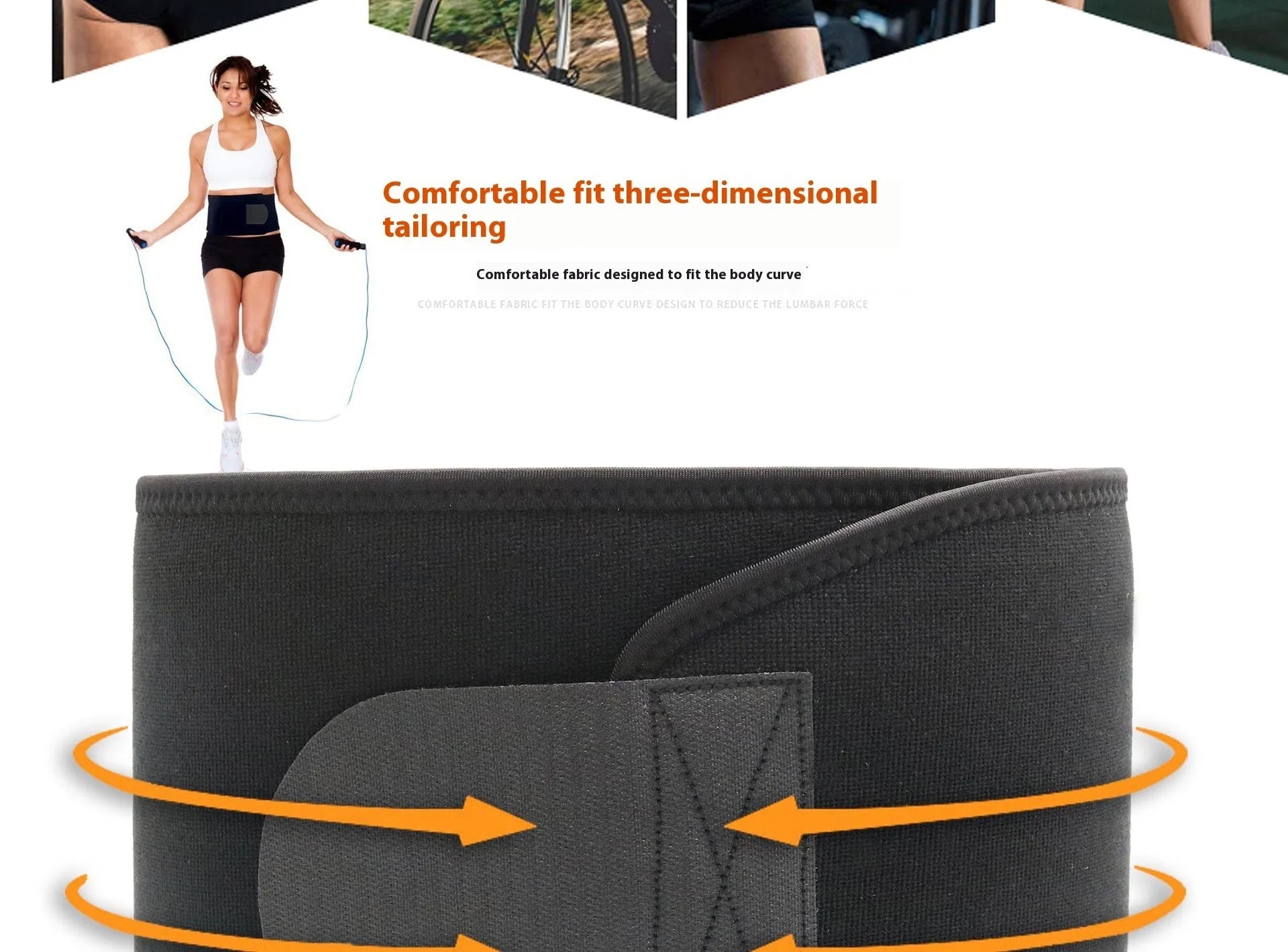 Black neoprene lumbar support waist belt for fitness and running sports.
