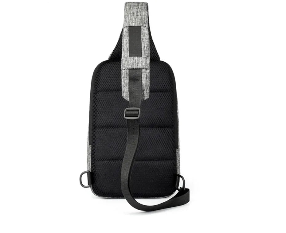 Small dark blue oxford cloth waterproof chest bag with a zipper and car suture detailing.