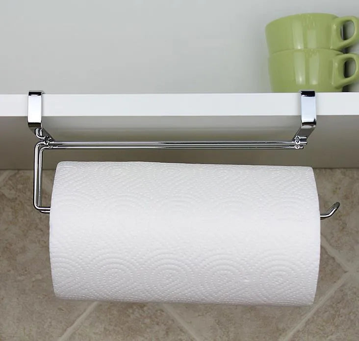 Silver stainless steel cabinet door hanging rack for paper towels, shown from the side.