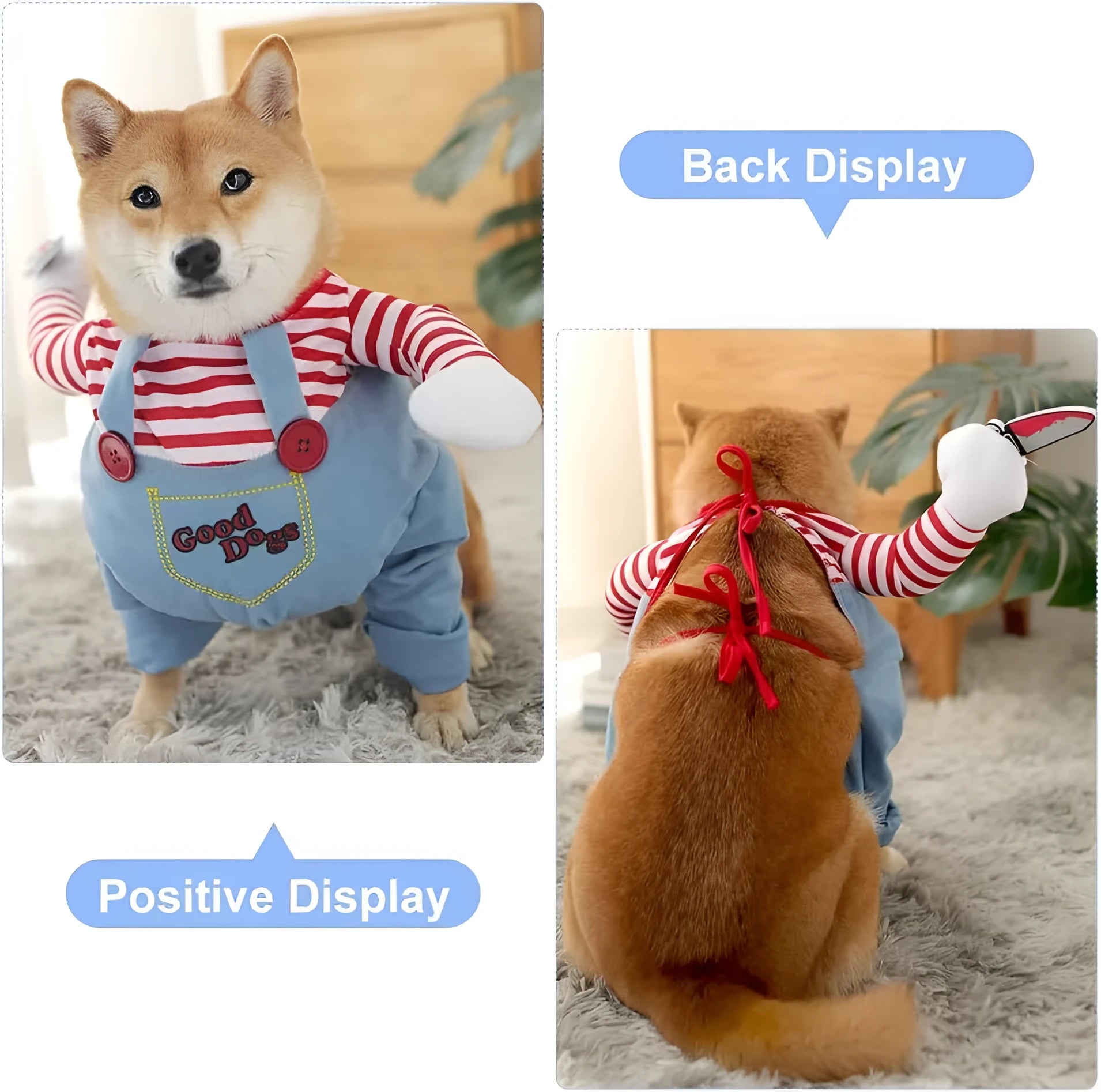 Striped Halloween costume set for a dog, showing harness with prop knife and matching pants on a sizing chart.
