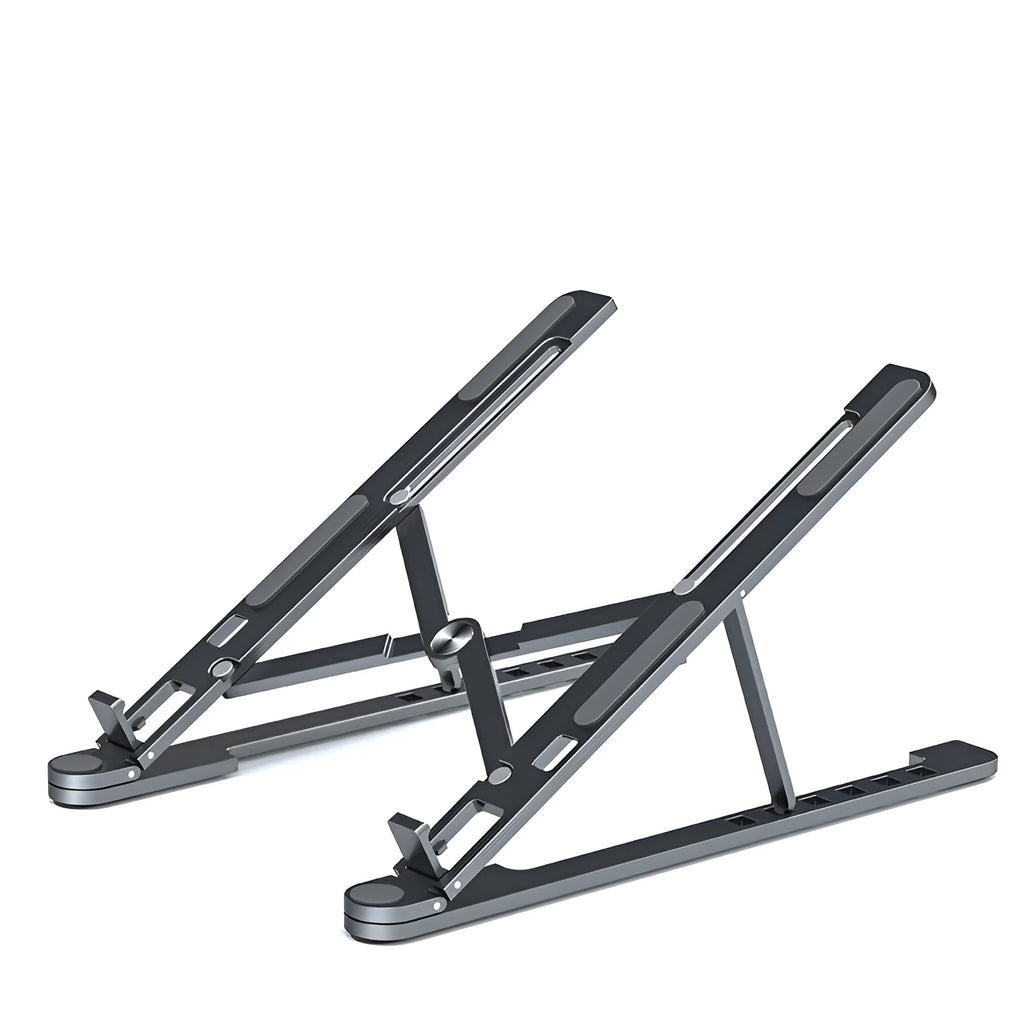 A folded and unfolded aluminium laptop stand in silver, shown next to a laptop.