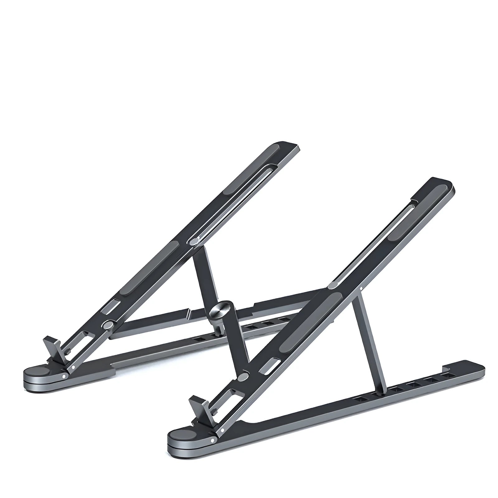 A folded and unfolded aluminium laptop stand in silver, shown next to a laptop.