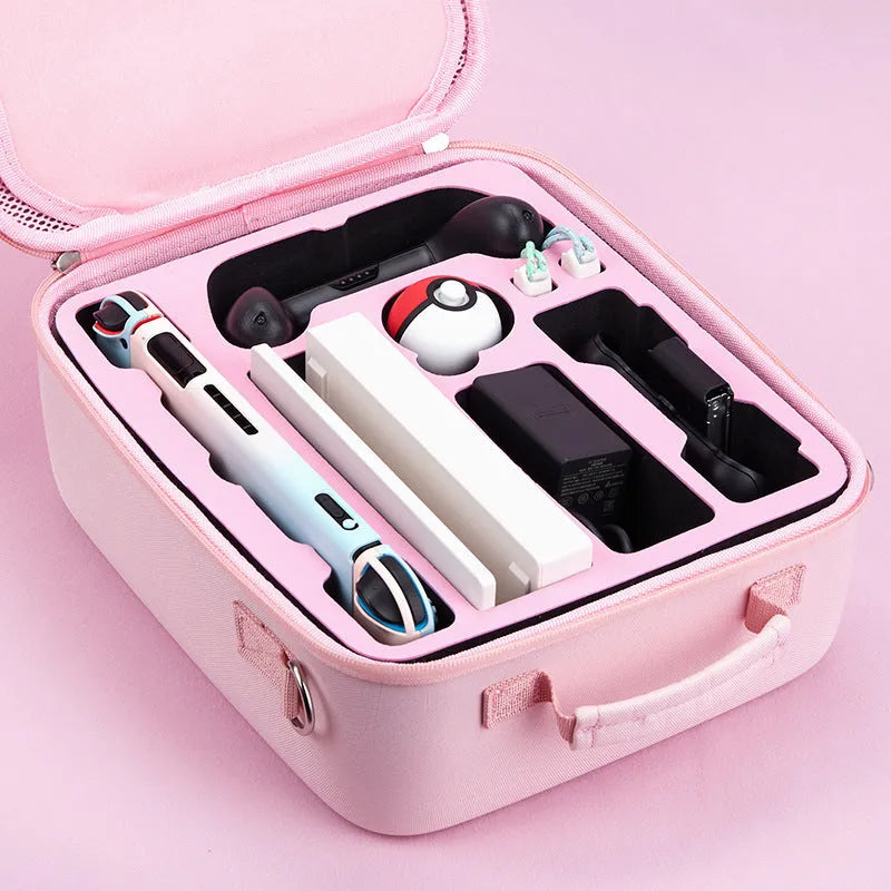 Nintendo Switch storage carry case in pink, shown with game card slots and a diagonal shoulder strap.
