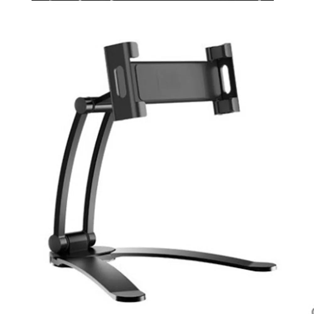 Silver aluminum alloy desktop tablet stand holding a tablet at adjustable angle with white mounting base