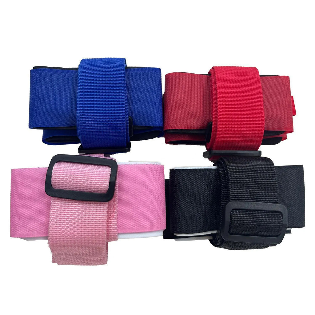 Adjustable hook and loop ski bandage strap for sleds and snowboards.