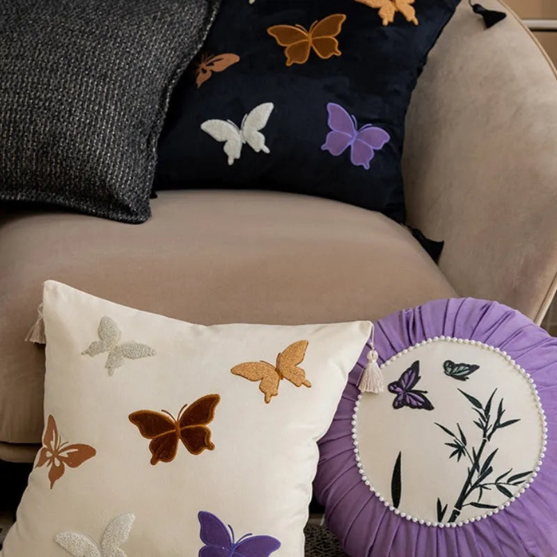 Square butterfly embroidery couch pillow with Chinese pattern in beige, black, or purple