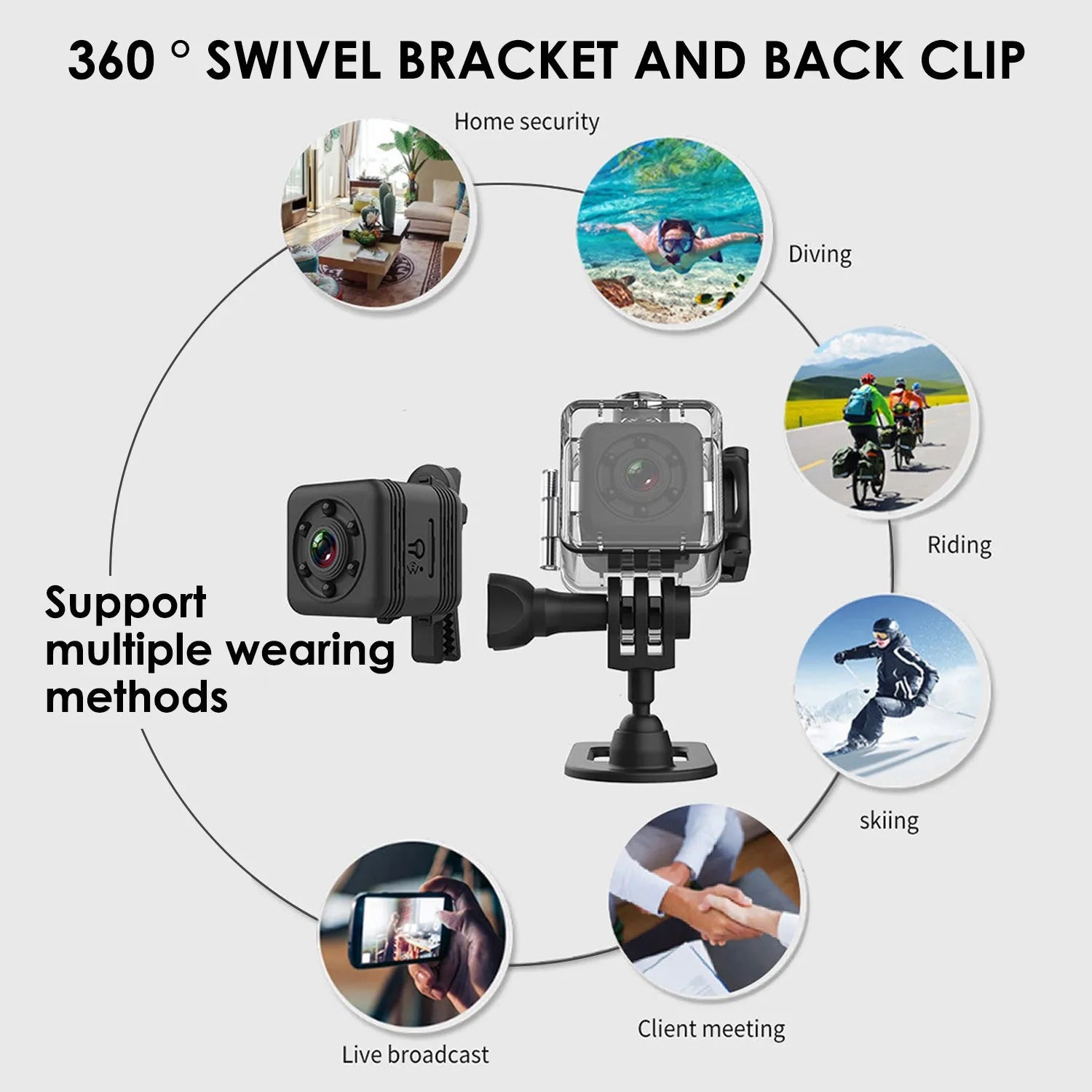 Black waterproof sports camera with 240 minute battery life for continuous action recording
