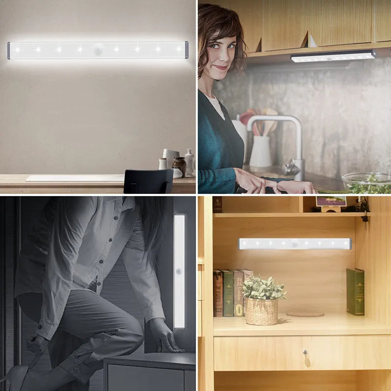 Aluminium magnetic LED strip light for cupboard with motion sensor and USB charging port.