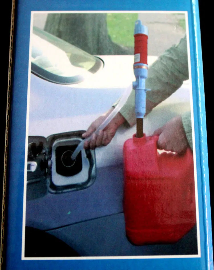 Blue manual hand siphon pump for transferring fuel and oil to small engines.