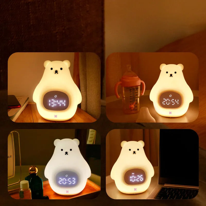 White silicone bear-shaped night light with colourful light display and remote control.