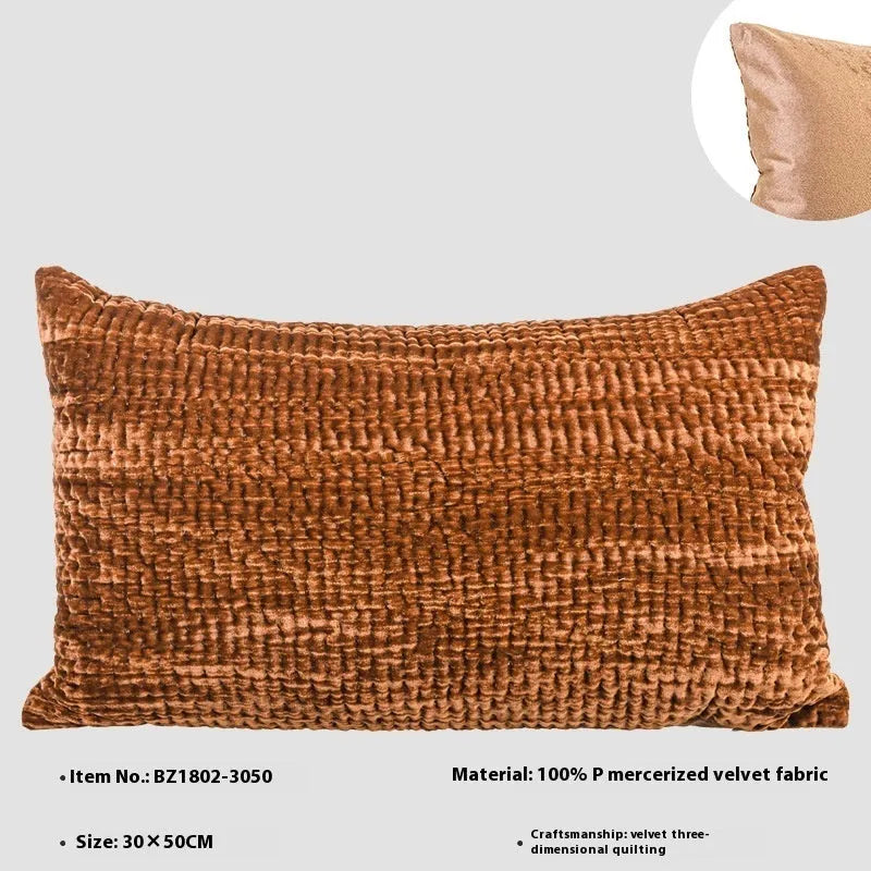 Antique style quilted cushion pillow in mercerised velvet with embossed texture, shown in square and waist pillow sizes