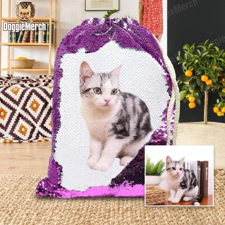 Custom purple sequin backpack with pet photo, drawstring opening, measuring 34x45cm