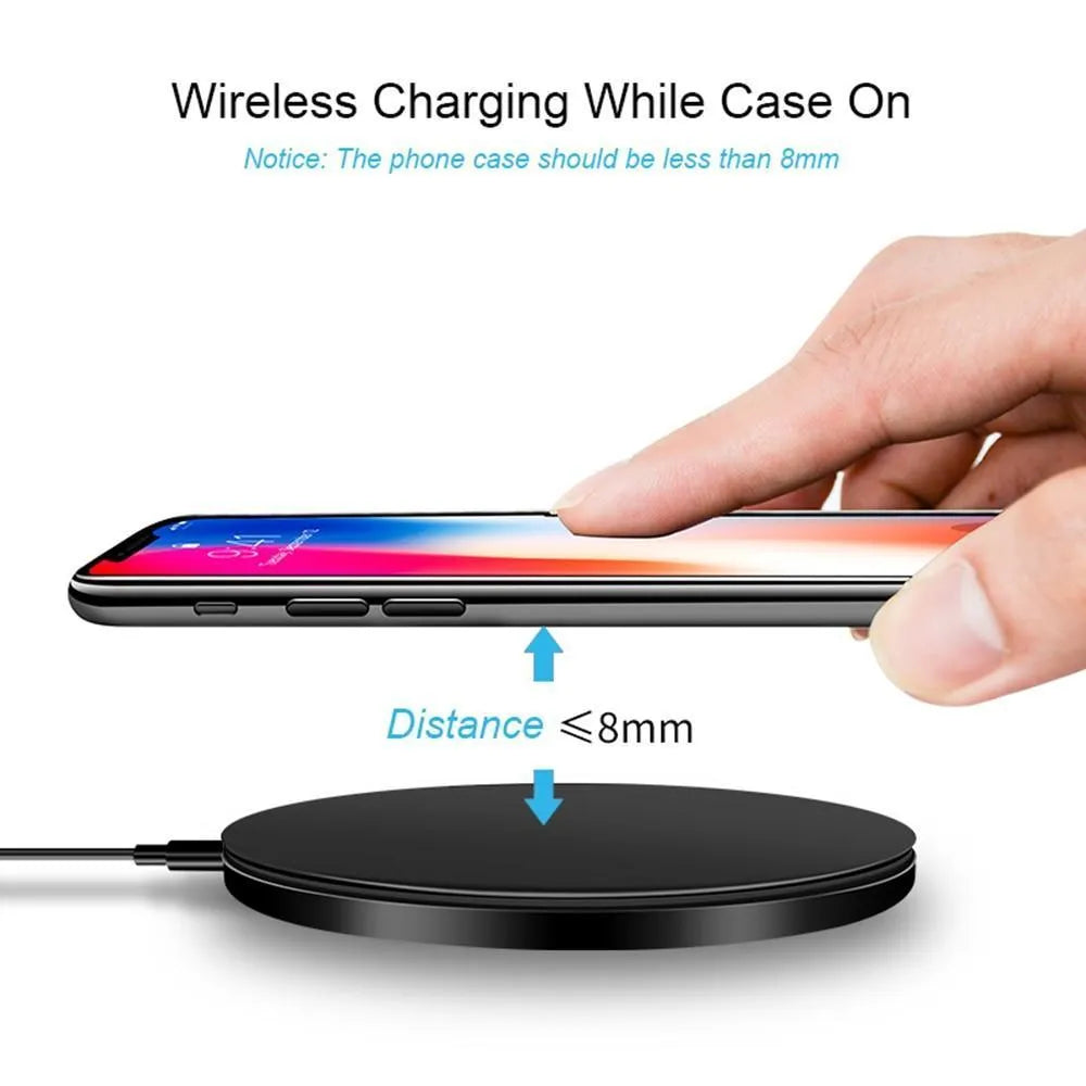 Ultra-thin black wireless fast charger with 9V QI charging and 98×98×6.5mm dimensions