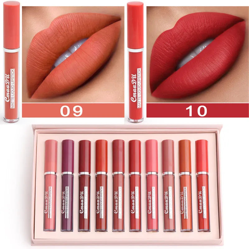 Women's non-stick cup waterproof matte lipstick 10-pack in photo colour with box dimensions 23.8x14.7x2.5 cm