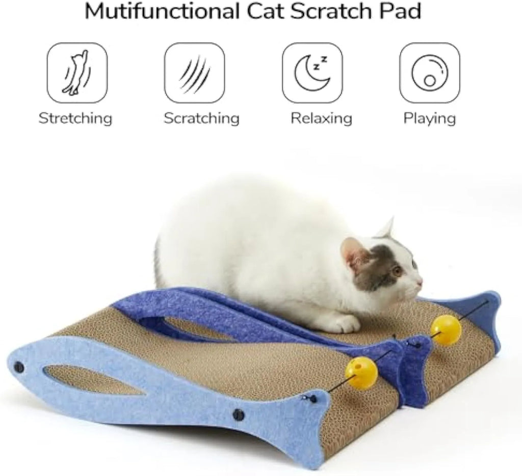 Blue fish-shaped cardboard cat scratcher lounge with an integrated bell ball toy on a string.