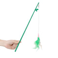 Green cat feather wand toy with bells and feathers on a durable wand with comfortable grip handle