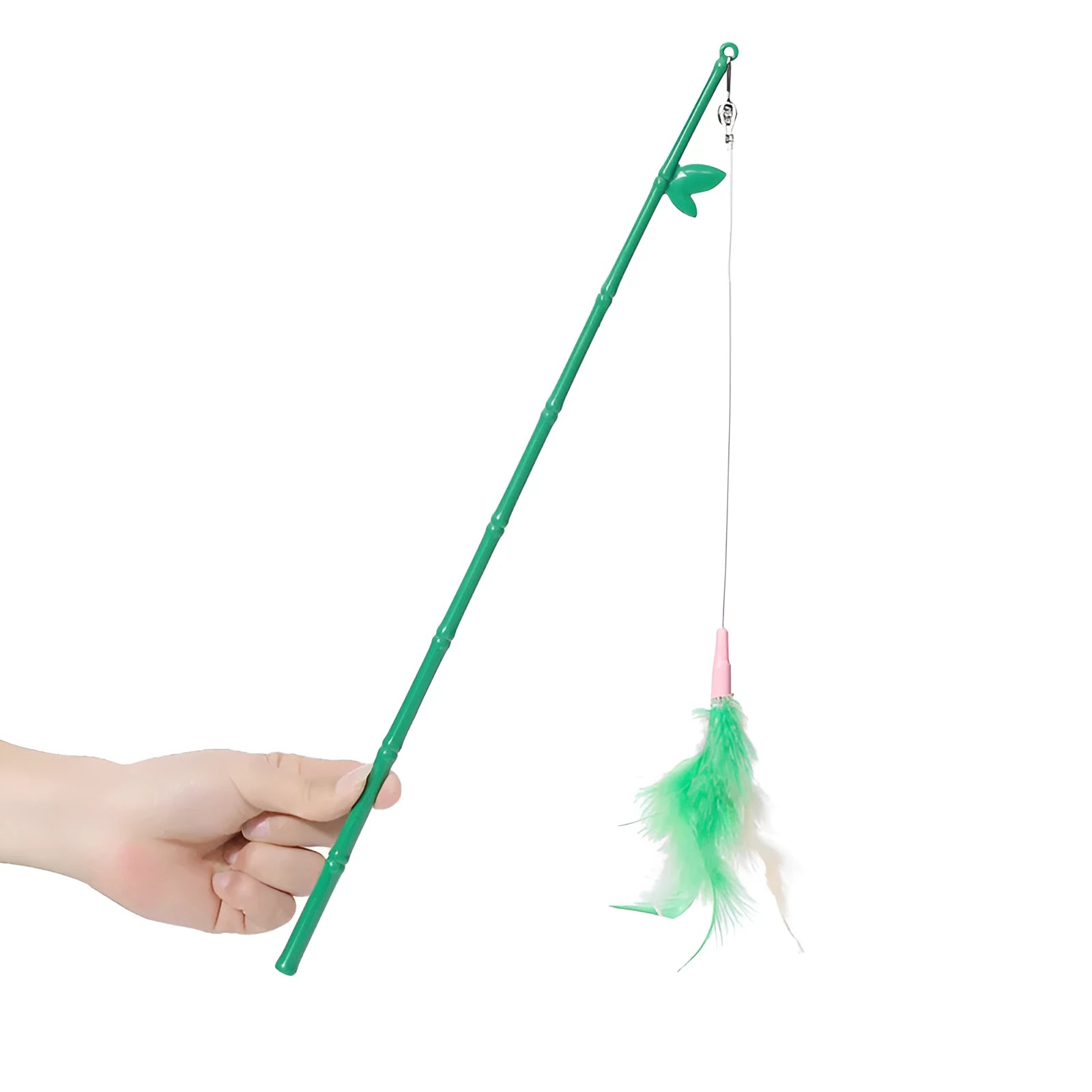 Green cat feather wand toy with bells and feathers on a durable wand with comfortable grip handle