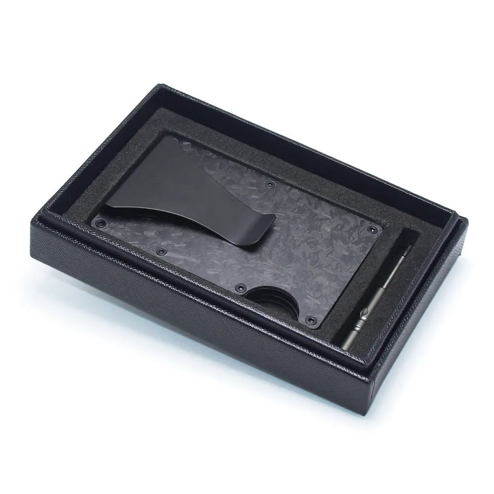 Geometric aluminium and carbon fibre card holder wallet with 8mm thickness for 6-15 cards