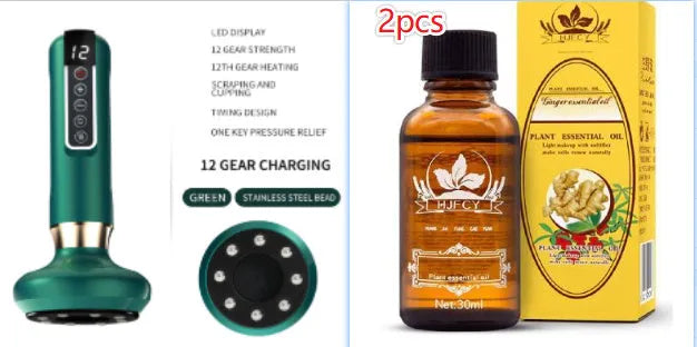 Green electric vacuum cupping massager with USB charger and instruction manual