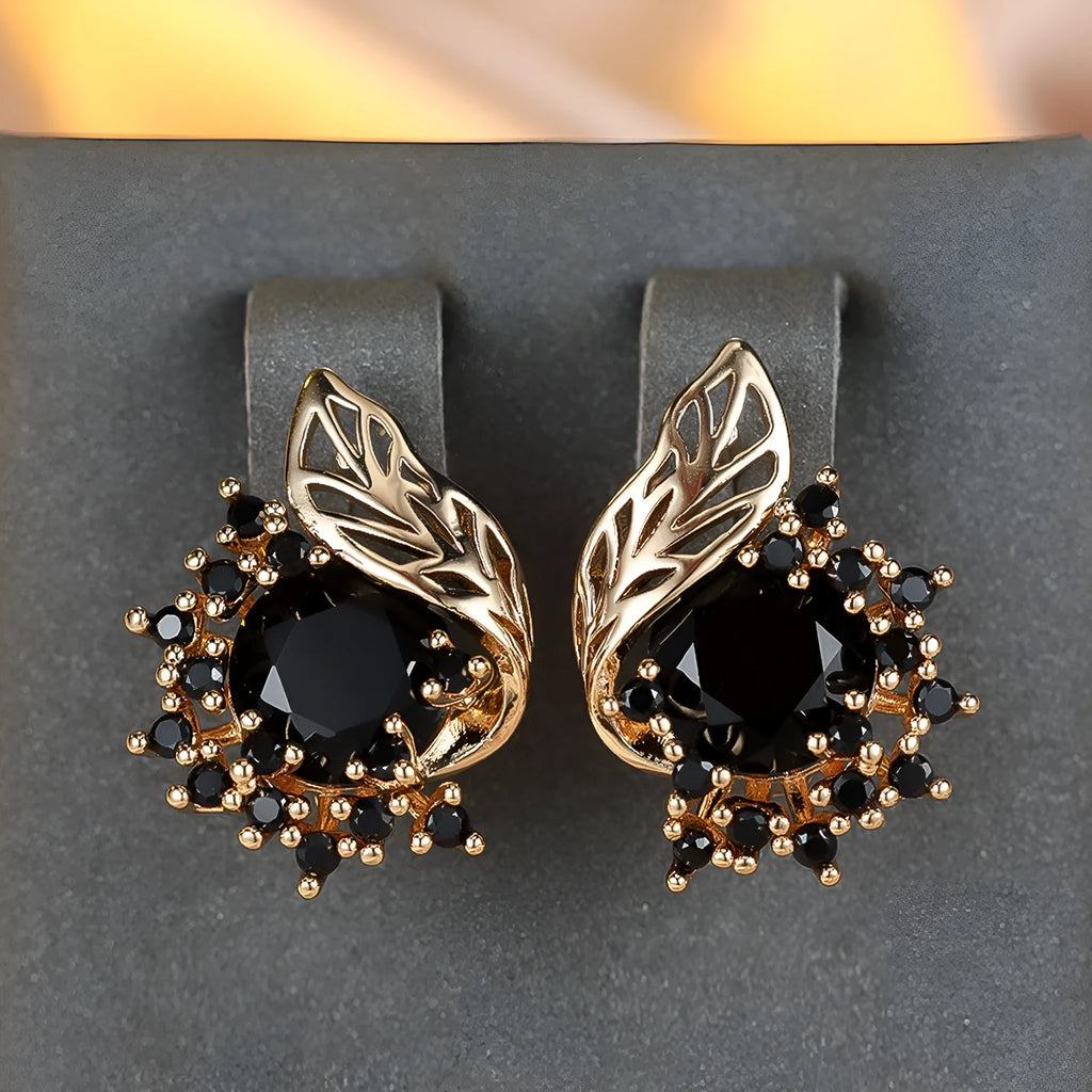 Round flower feather earrings with zircon crystals in electroplated champagne gold colour