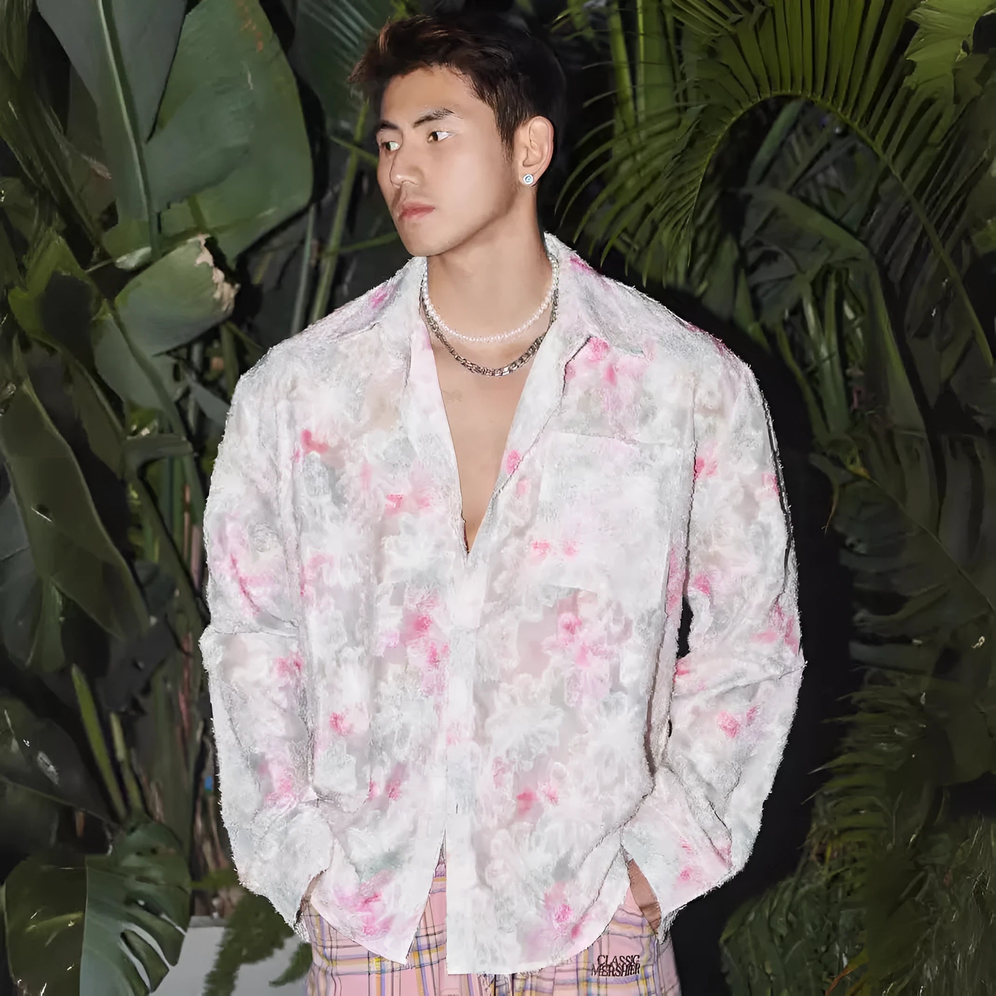 Blue floral long sleeve shirt with embossed pattern and loose fit