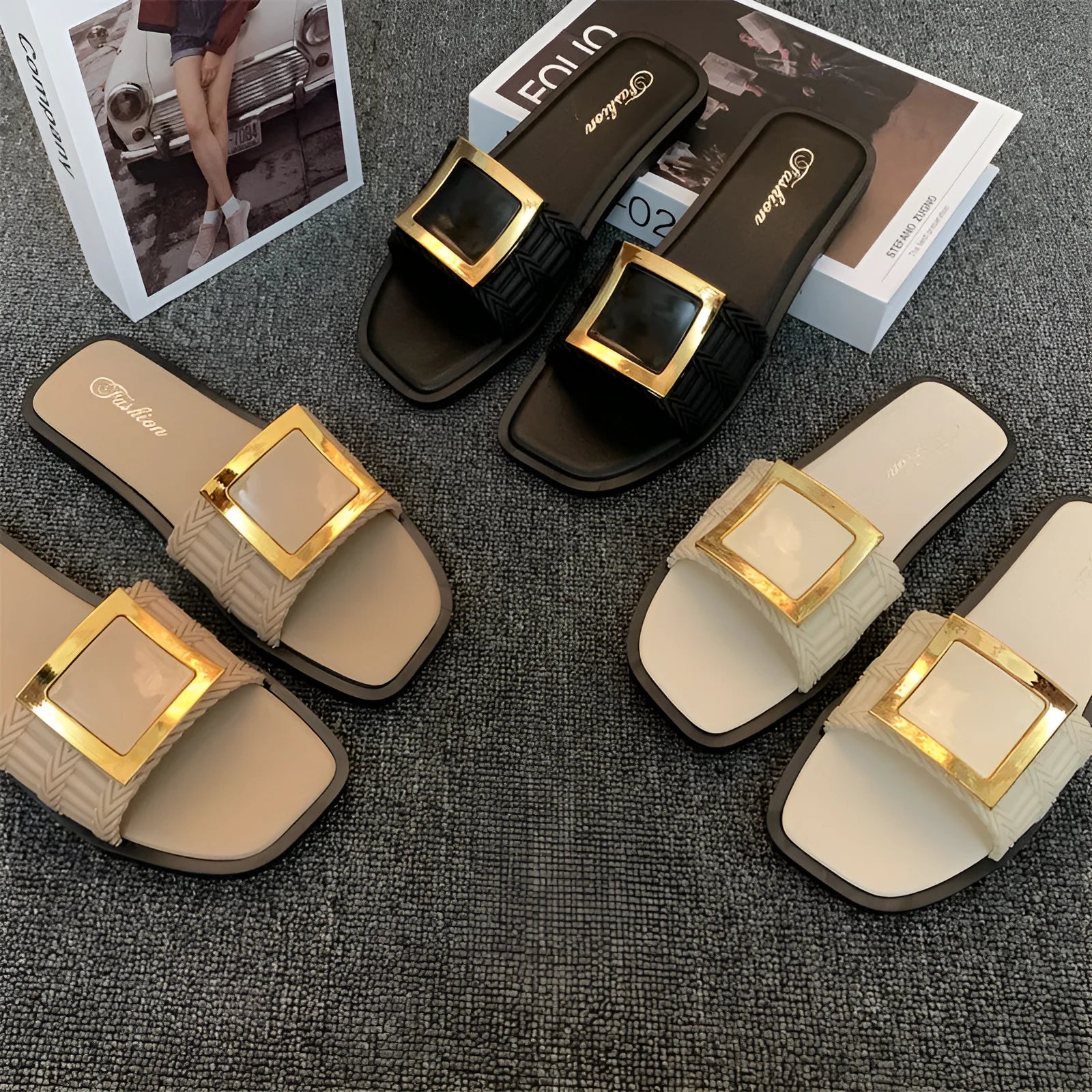 Women's casual flat slippers in apricot, black and khaki colours with PVC soles