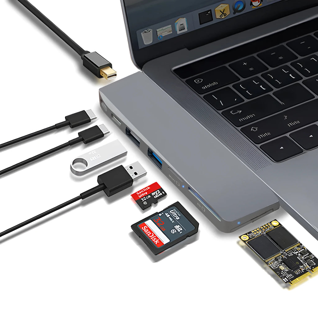 Silver 8-in-1 USB-C hub for MacBook Pro with dual connectors, showing USB, card reader, and charging ports