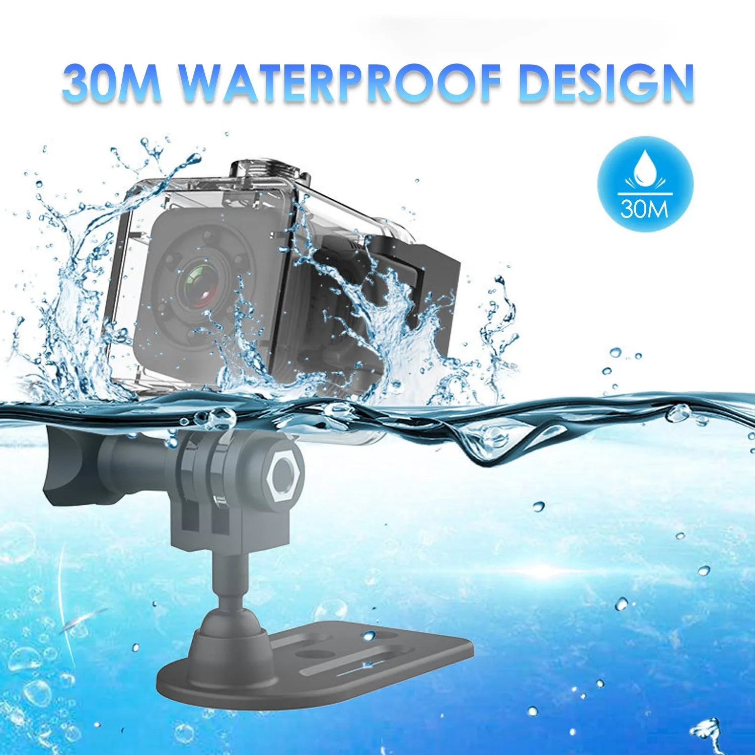 Black waterproof sports camera with 240 minute battery life for continuous action recording