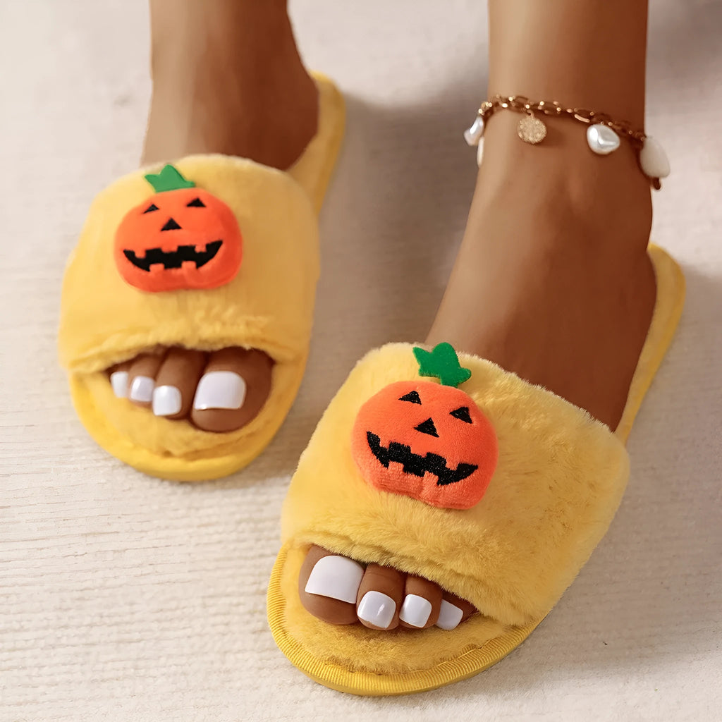 Yellow Halloween pumpkin cartoon design open-toe plush slippers with synthetic fur