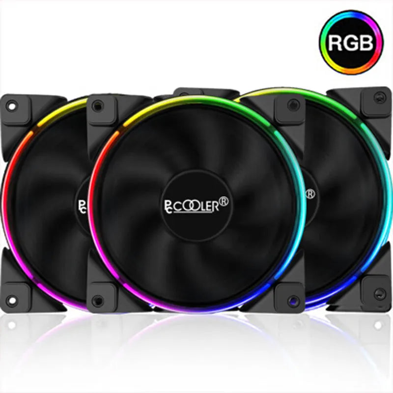 Three black 120mm RGB PC cooling fans with rotating blades and LED lighting